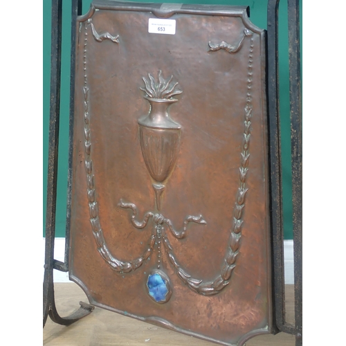 653 - An Arts and Crafts copper Fire Screen with relief design of urn 2ft 8in H x 1ft 6in W