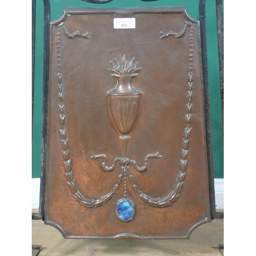 653 - An Arts and Crafts copper Fire Screen with relief design of urn 2ft 8in H x 1ft 6in W