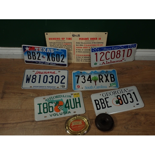 658 - A Worthington's Ashtray, a Mann's Brown Ashtray, Licensing metal Sign and six American Number Plates