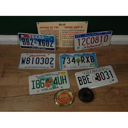 658 - A Worthington's Ashtray, a Mann's Brown Ashtray, Licensing metal Sign and six American Number Plates