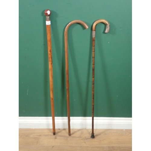 662 - A malacca Walking Cane with silver collar and polished stone knob, a Victorian Walking Stick with ba... 