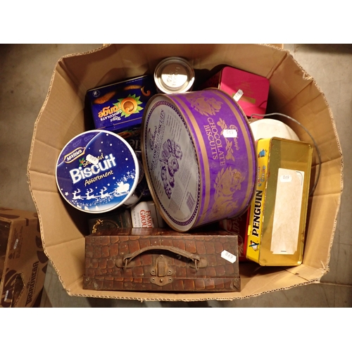 690 - Two boxes of Biscuit Tins and Oil Lamps