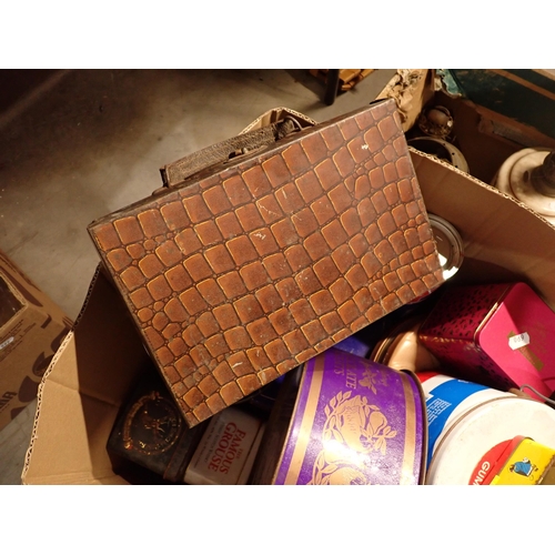 690 - Two boxes of Biscuit Tins and Oil Lamps