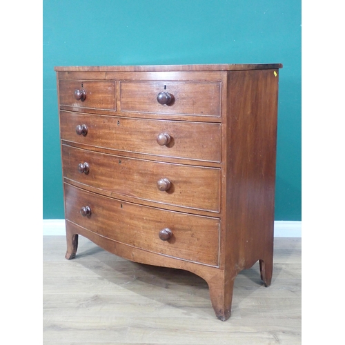 81 - A 19th Century mahogany bow fronted Chest of two short and three long drawers on splayed feet 3ft 5i... 