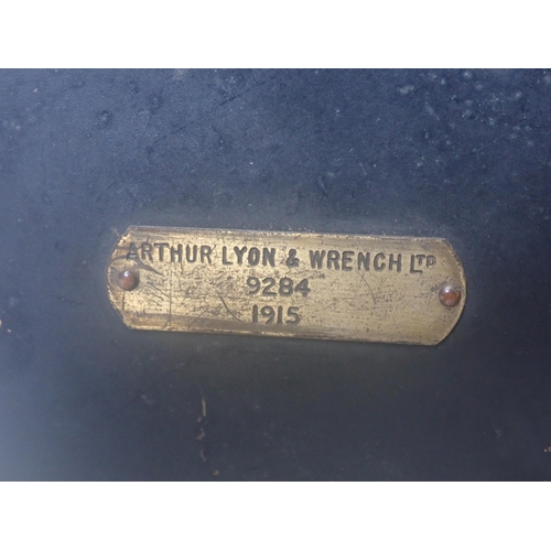 98 - A WWI Signal Lamp in black painted tin case, labelled Arthur Lyon Wrench Ltd, 9284, 1915, 10 x 5 x 5... 