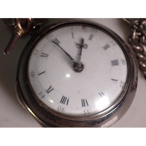 149 - A George III silver pair  cased Pocket Watch with white enamel dial, fusee movement, London 1787, wi... 