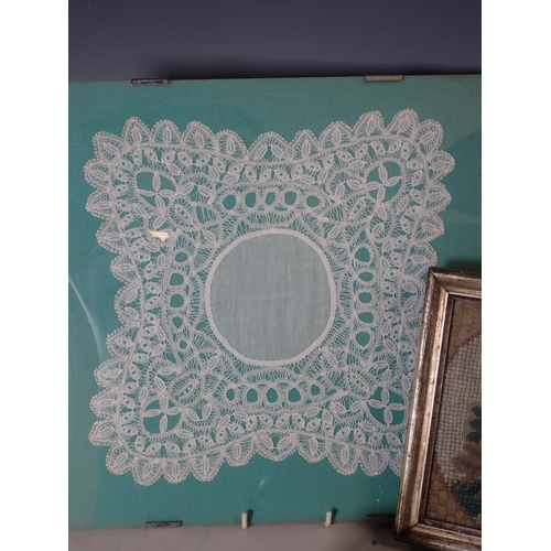 443 - A pair of framed lace Panels, 12in square, a pair of plated Salts, a small framed woolwork Tapestry ... 