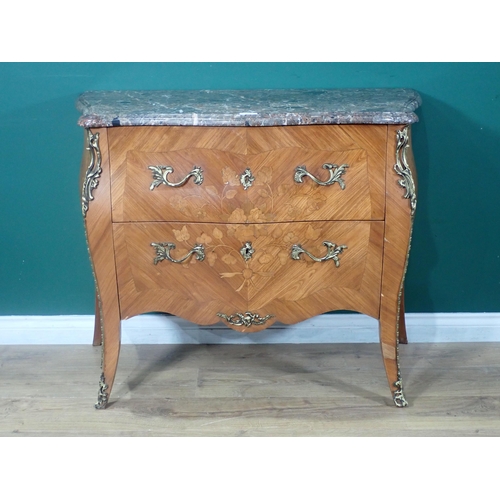 375 - A French marble topped kingwood veneered and marquetry inlaid bombe Commode fitted two drawers on sq... 