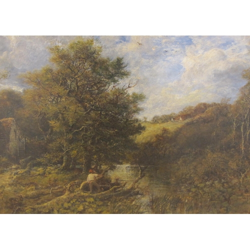 407 - RICHARD ROBERT DRABBLE. A wooded landscape with a figure cutting logs by a mill stream, signed, oil ... 