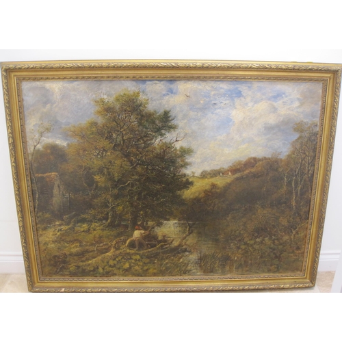 407 - RICHARD ROBERT DRABBLE. A wooded landscape with a figure cutting logs by a mill stream, signed, oil ... 