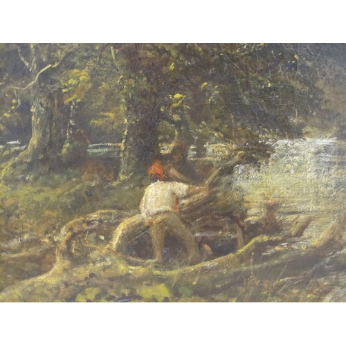 407 - RICHARD ROBERT DRABBLE. A wooded landscape with a figure cutting logs by a mill stream, signed, oil ... 