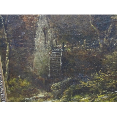 407 - RICHARD ROBERT DRABBLE. A wooded landscape with a figure cutting logs by a mill stream, signed, oil ... 