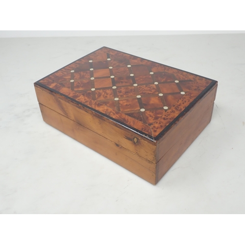 1 - A yew wood Box with latticed sectional veneer and white metal studs 8in W x 3in H