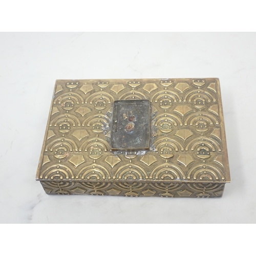 2 - An Arts and Crafts brass Box with stylised relief design 7in W x 1 3/4in H and a brass and frosted g... 