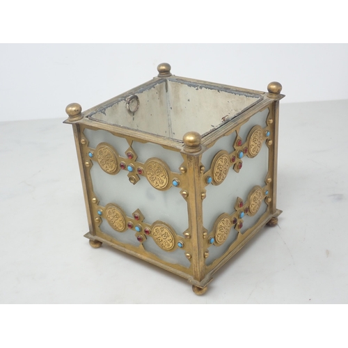 2 - An Arts and Crafts brass Box with stylised relief design 7in W x 1 3/4in H and a brass and frosted g... 