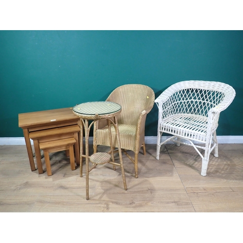 334 - A modern Nest of three oak veneered Tables, a white painted wicker Conservatory Chair, a gold painte... 