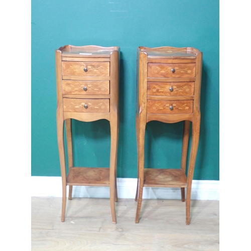 358 - A pair of French walnut and marquetry inlaid Bedside Chests of fitted three drawers mounted on cabri... 