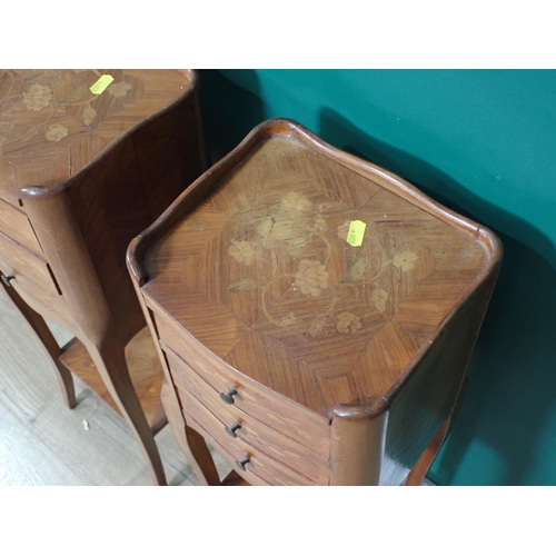 358 - A pair of French walnut and marquetry inlaid Bedside Chests of fitted three drawers mounted on cabri... 