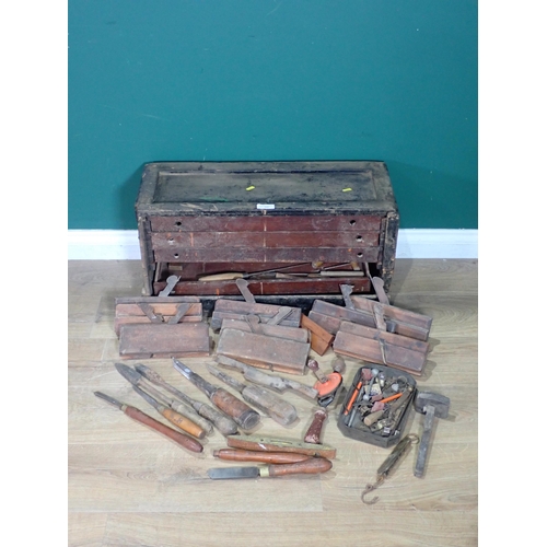 374 - A wooden Tool Chest A/F containing a quantity of Chisels, a Drill and other Tools and a box of Woode... 