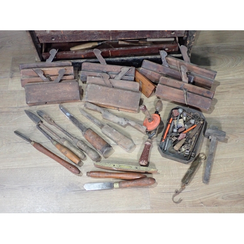 374 - A wooden Tool Chest A/F containing a quantity of Chisels, a Drill and other Tools and a box of Woode... 