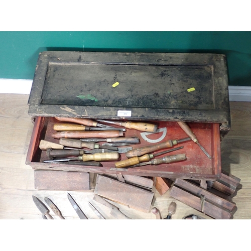 374 - A wooden Tool Chest A/F containing a quantity of Chisels, a Drill and other Tools and a box of Woode... 