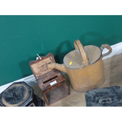 400 - An enamel Watering Can, a Bed Pan, an ebonised Trophy Stand, a  Letter Box A/F, a black Box and a to... 