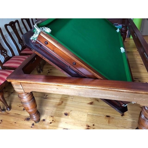 42 - A mahogany half size Snooker Table with flip top to form a Dining Table mounted on turned supports 8... 