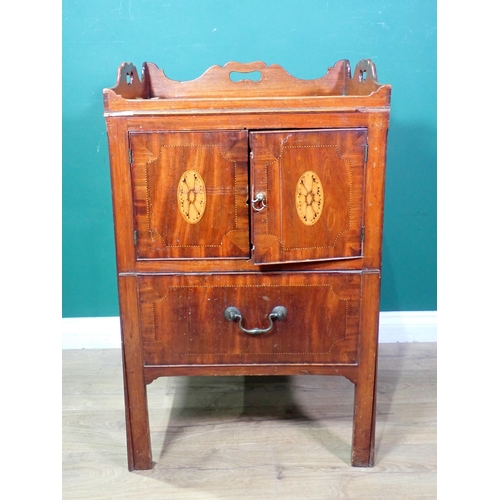 72 - A Georgian mahogany Wash Stand with tray top above pair of inlaid and chequer strung cupboard doors ... 