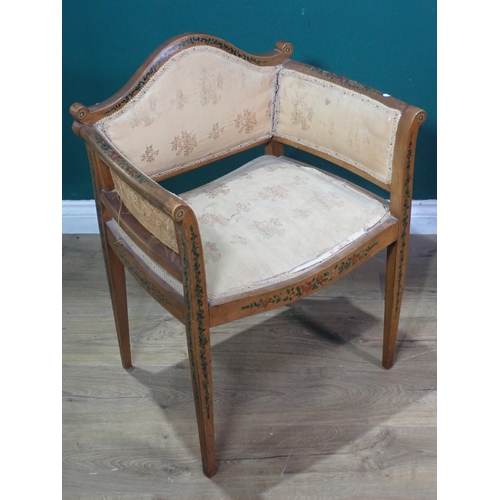 84 - A satinwood Piano Chair with floral painted decoration, an oak Occasional Table and a needlework Scr... 