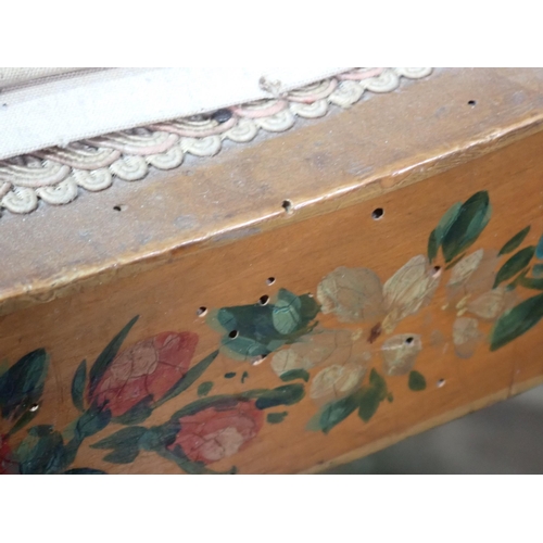 84 - A satinwood Piano Chair with floral painted decoration, an oak Occasional Table and a needlework Scr... 