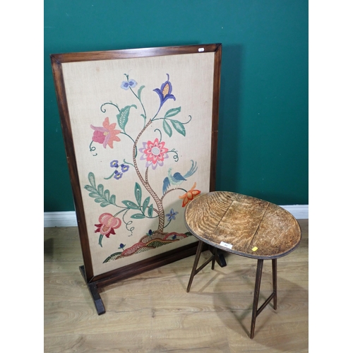 84 - A satinwood Piano Chair with floral painted decoration, an oak Occasional Table and a needlework Scr... 