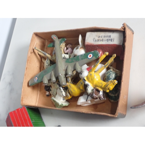 94 - A Luggage Case of Britains Farm Figures and Dinky Toys in playworn condition, some A/F