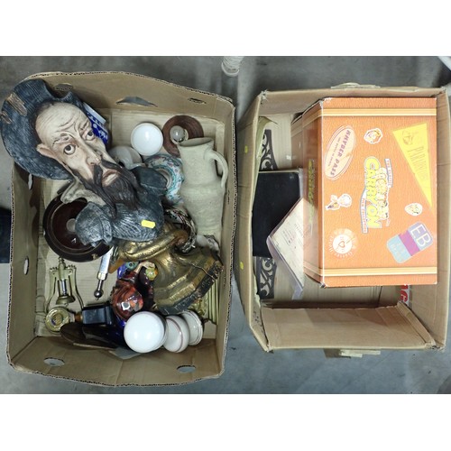 511 - Two boxes including a Bust of Shakespeare, Trophies, Carry on DVDs. Scrap Book, Invoices, cherry blo... 