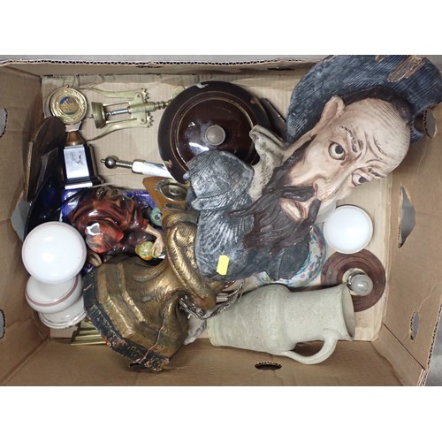 511 - Two boxes including a Bust of Shakespeare, Trophies, Carry on DVDs. Scrap Book, Invoices, cherry blo... 