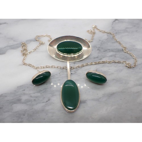 160 - A Danish silver Brooch set oval green stone by N.E FROM, Denmark. together with matching Pendant and... 