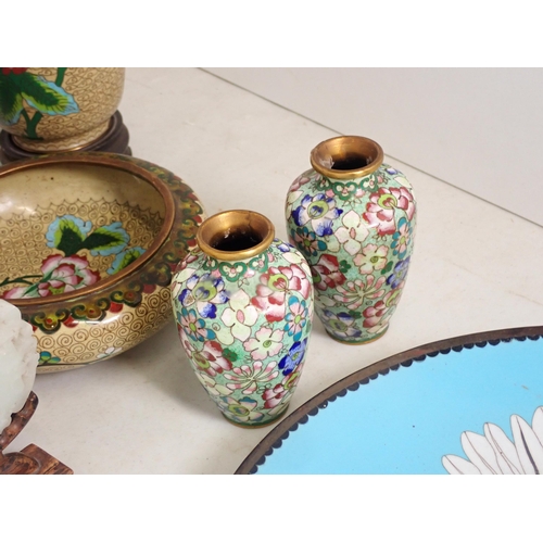 116 - A cloisonné Charger decorated with kookaburra, pair of Vases on stands, a Bowl, a small pair of Vase... 