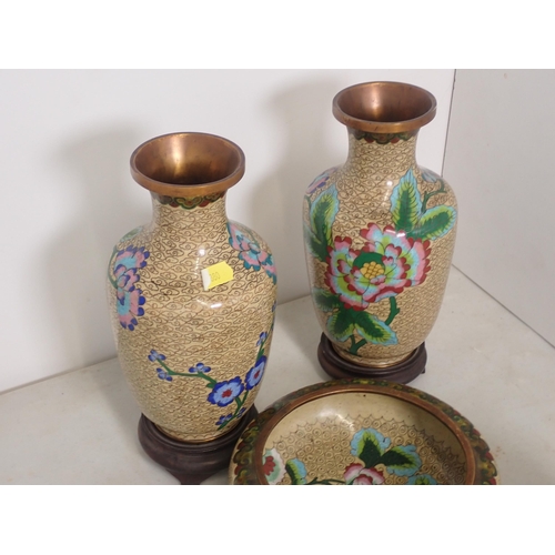 116 - A cloisonné Charger decorated with kookaburra, pair of Vases on stands, a Bowl, a small pair of Vase... 