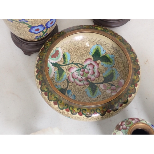 116 - A cloisonné Charger decorated with kookaburra, pair of Vases on stands, a Bowl, a small pair of Vase... 