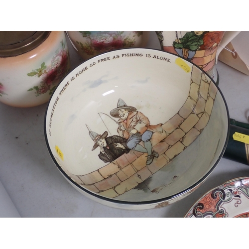 119 - A Doulton Burslem Fishing Plate, a Royal Doulton Fishing Bowl and Jug and two lidded Barrels decorat... 