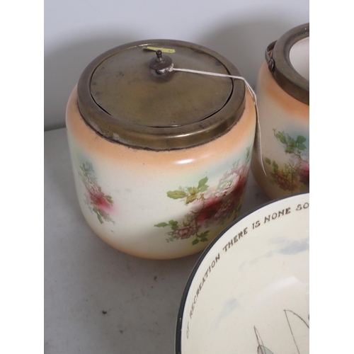 119 - A Doulton Burslem Fishing Plate, a Royal Doulton Fishing Bowl and Jug and two lidded Barrels decorat... 