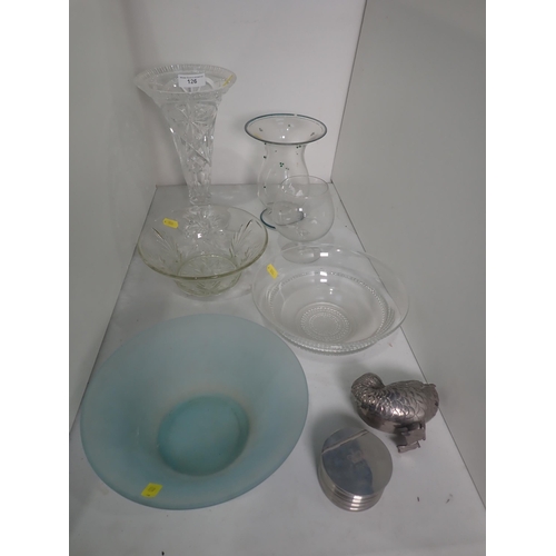 126 - A cut glass Trumpet Vase, a frosted glass Bowl, other glassware, a white metal circular Box and a Fi... 