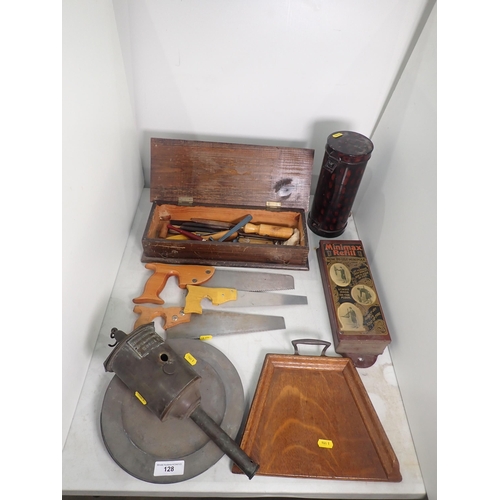 128 - An oak Crumb Scoop, six pewter Plates, Minimax Fire Extinguisher Refill, Carpenter's Tools in box, e... 