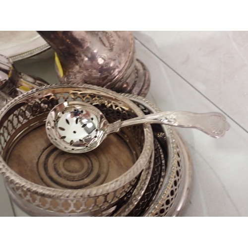 230 - A silver plated Entre Dish and Cover, Sugar Caster, Wine Funnel, three Coasters, etc.