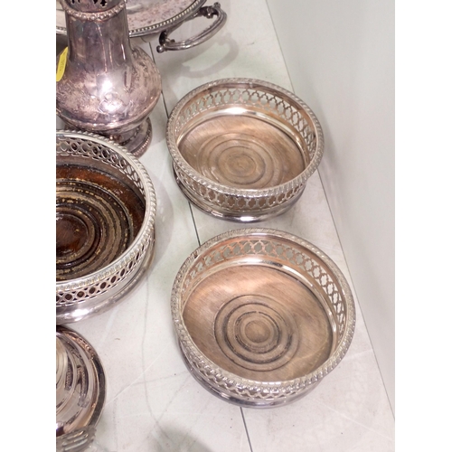 230 - A silver plated Entre Dish and Cover, Sugar Caster, Wine Funnel, three Coasters, etc.