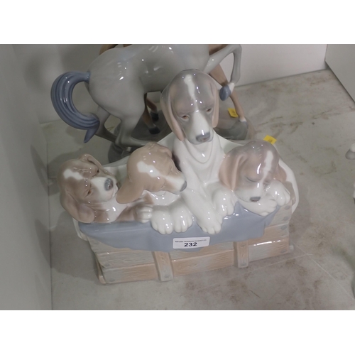 232 - A Lladro Figure Group of puppies under a blanket, a Nao Owl and the other Figures of horses