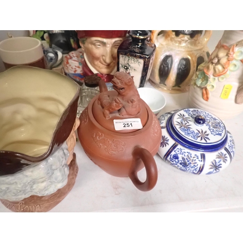 251 - A Chinese Tea Pot, Clarice Cliff Jug, two Royal Doulton Character Jugs, etc.