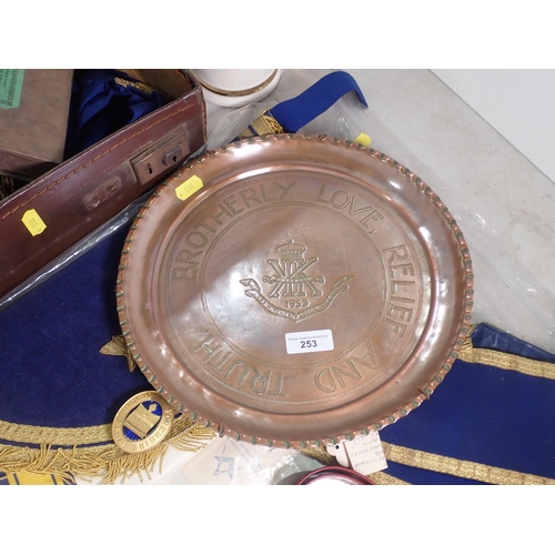 253 - A collection of Masonic Regalia, Saucers, Tankard, copper Tray, etc.