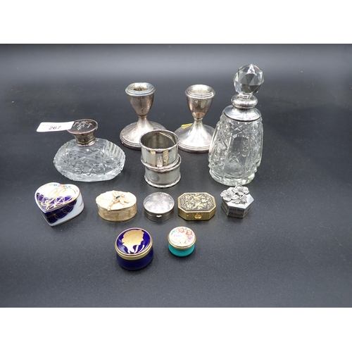 267 - A George V silver and tortoiseshell lidded Scent Bottle, London 1931, another, 1928, a pair of dwarf... 