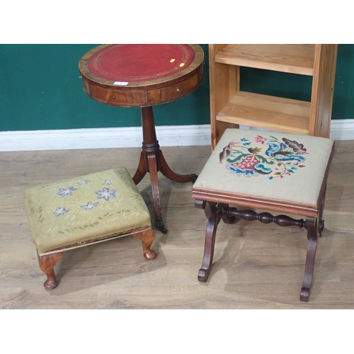 539 - A modern pine narrow Bookcase, a reproduction mahogany Drum Table, and two upholstered Stools A/F.