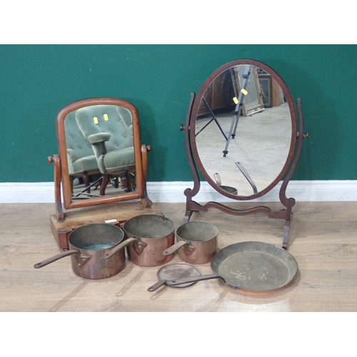 540 - Two mahogany Dressing Mirrors, three Copper Pans, a lid, a Frying Pan and a Warming Pan